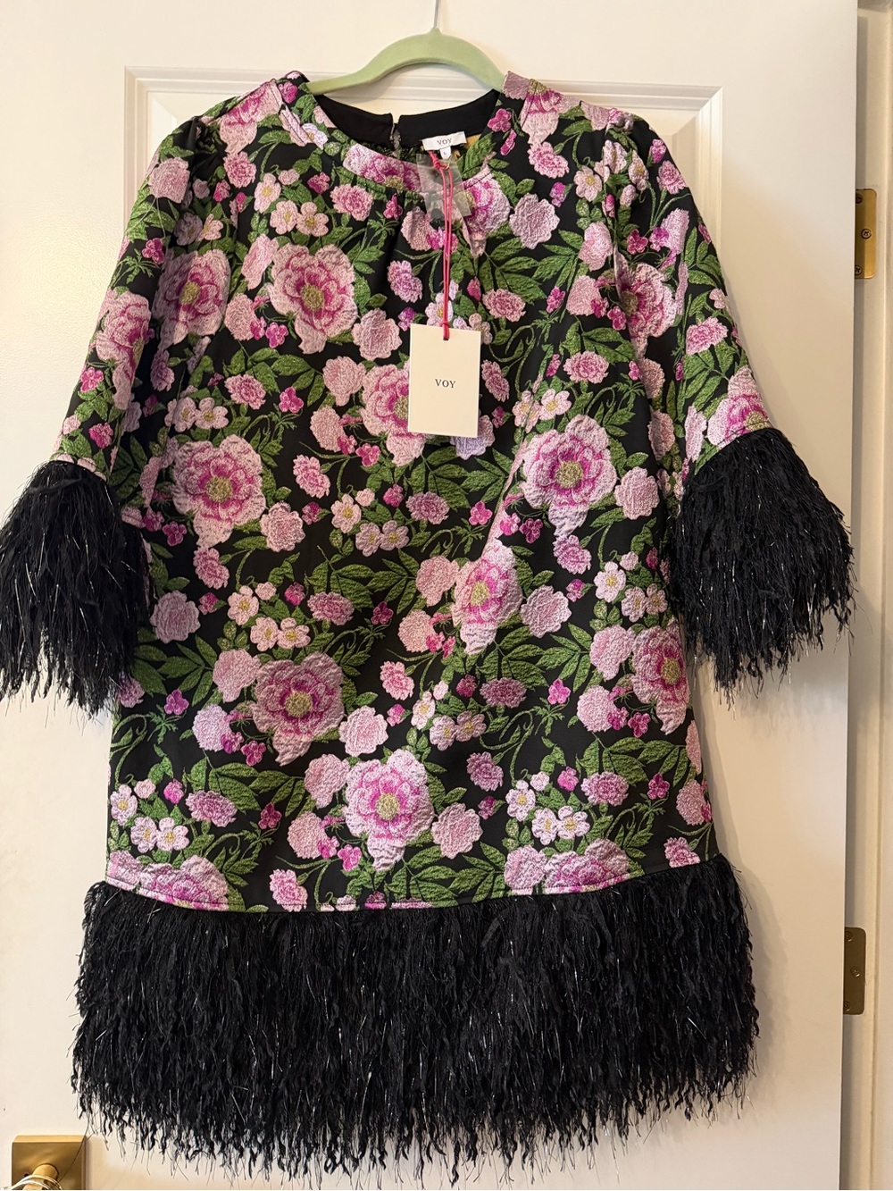 Women’s beautiful Voy Black & Pink Feather-Trim Dress for that special occasion